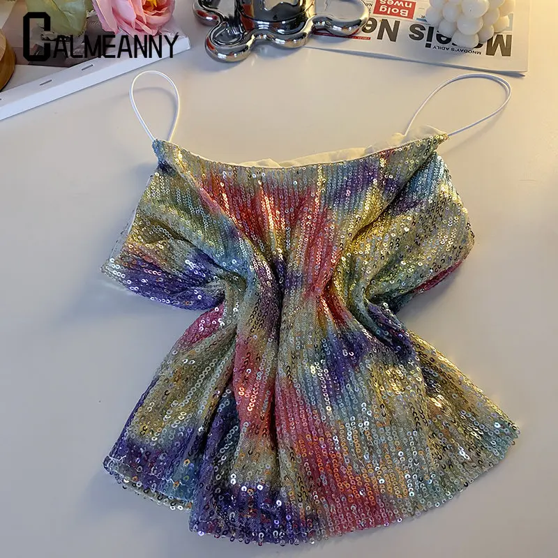 

Women Top 2023 Summer New Style Sexy Causal Versatile Korean Edition One Word Collar Sleeveless Sequins Short Vest Streetwear