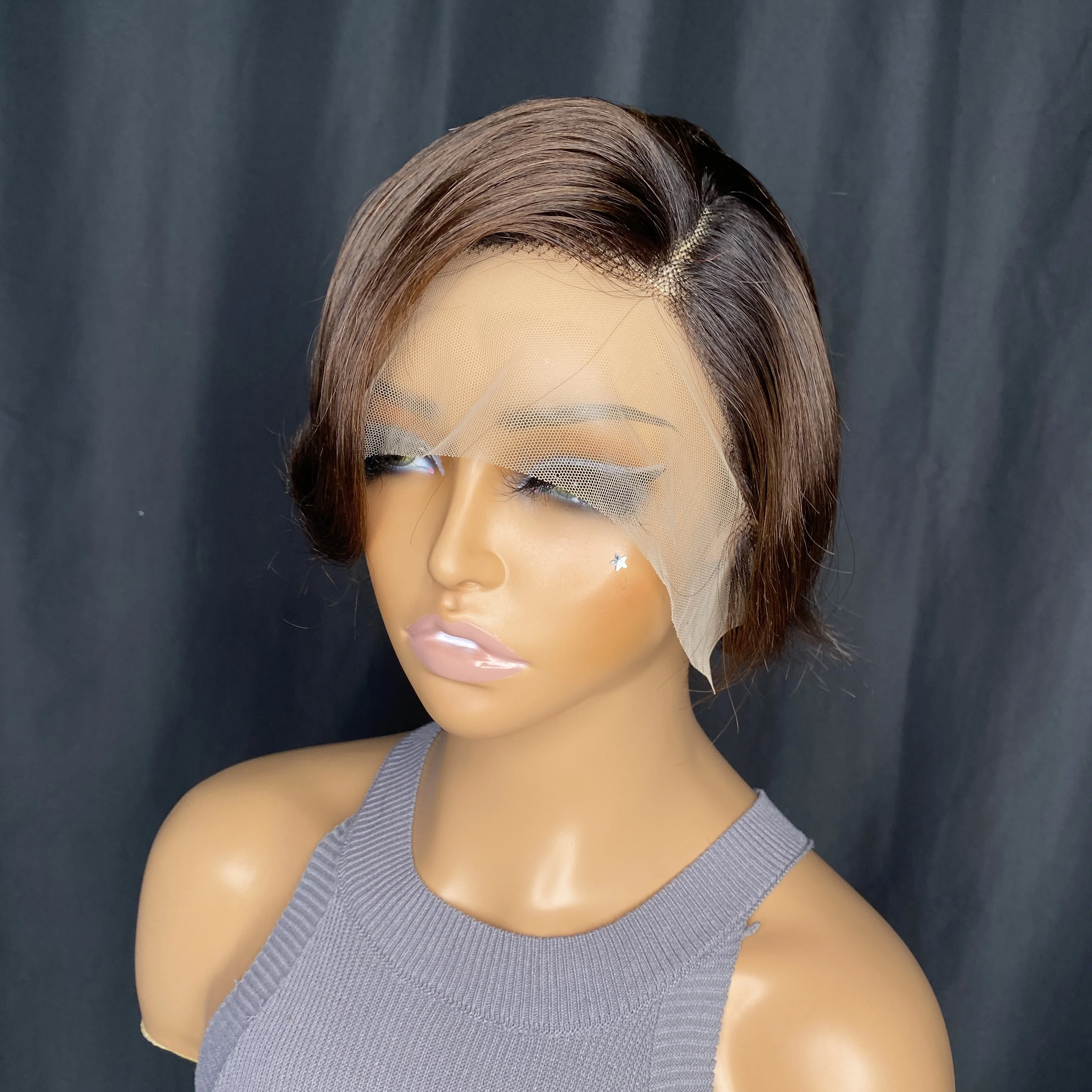 Short Bob Wig Pixie Cut Wig Straight Human Hair Wigs T Part Transparent 13X4X1 Lace For Women Straight Pixie Cut W
