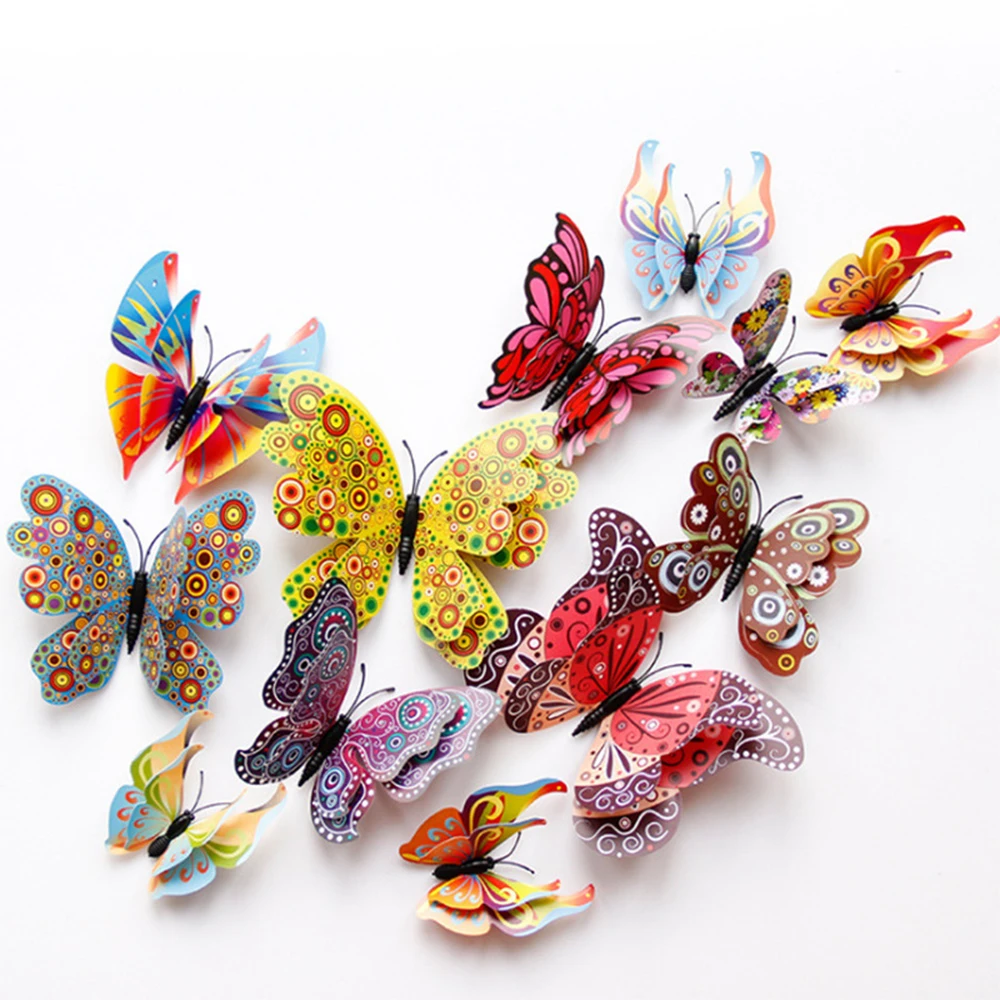 12Pcs Double Layer Butterfly Decal Art Wall Sticker Room Multicolor 3D Butterflies Home Decor DIY Magnet Fridge Wallpaper Decor