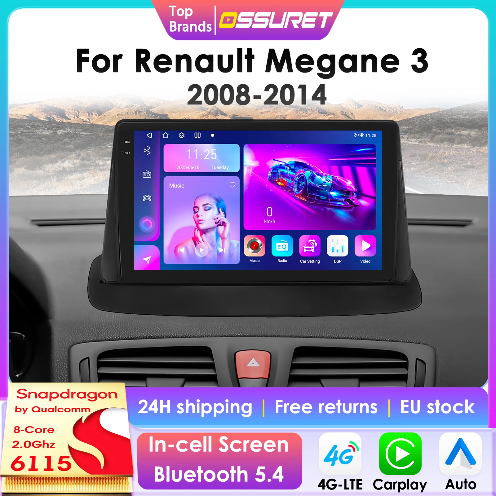 ossuret carplay android auto autoradio für renault megane 3 2013-2016 auto multimedia player navi gps 2din 4g autoradio rds