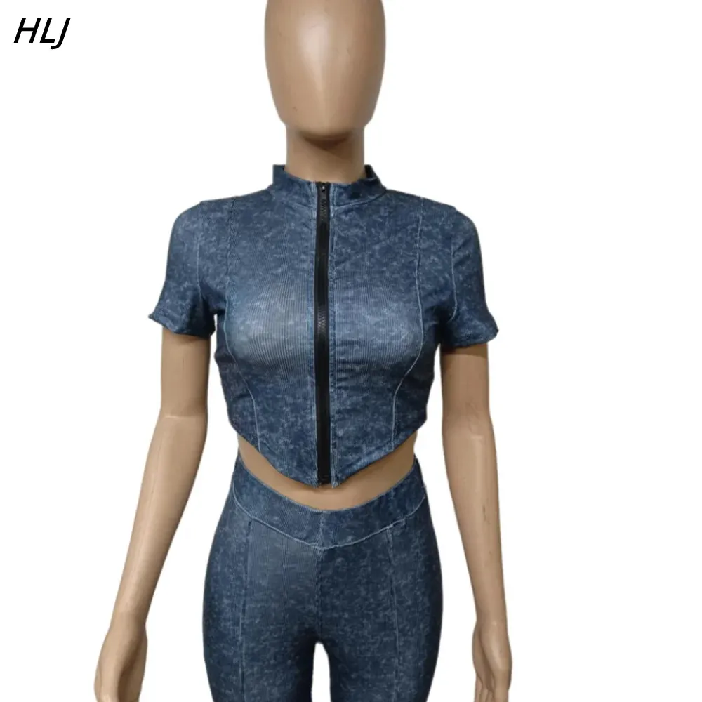 HLJ Fashion Y2K Ribber Solid Tracksuits Women Zipper Short Sleeve Slim Top+Skinny Pants Two Piece Sets Female Sporty Streetwear