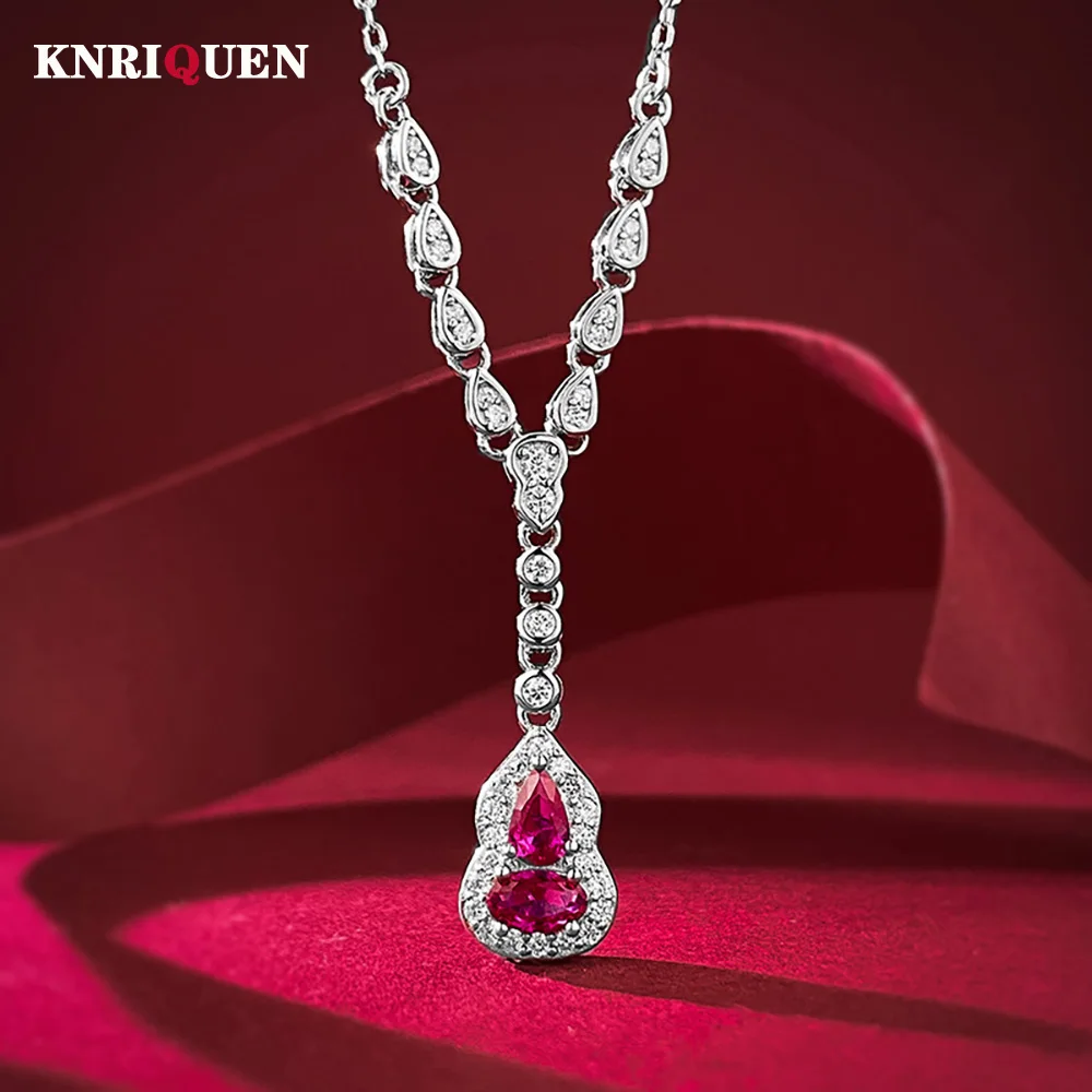 

Charms 100% 925 Solid Silver Ruby Gourd Pendant Necklace for Women Lab Diamond Gemstone Wedding Party Fine Jewelry Birthday Gift