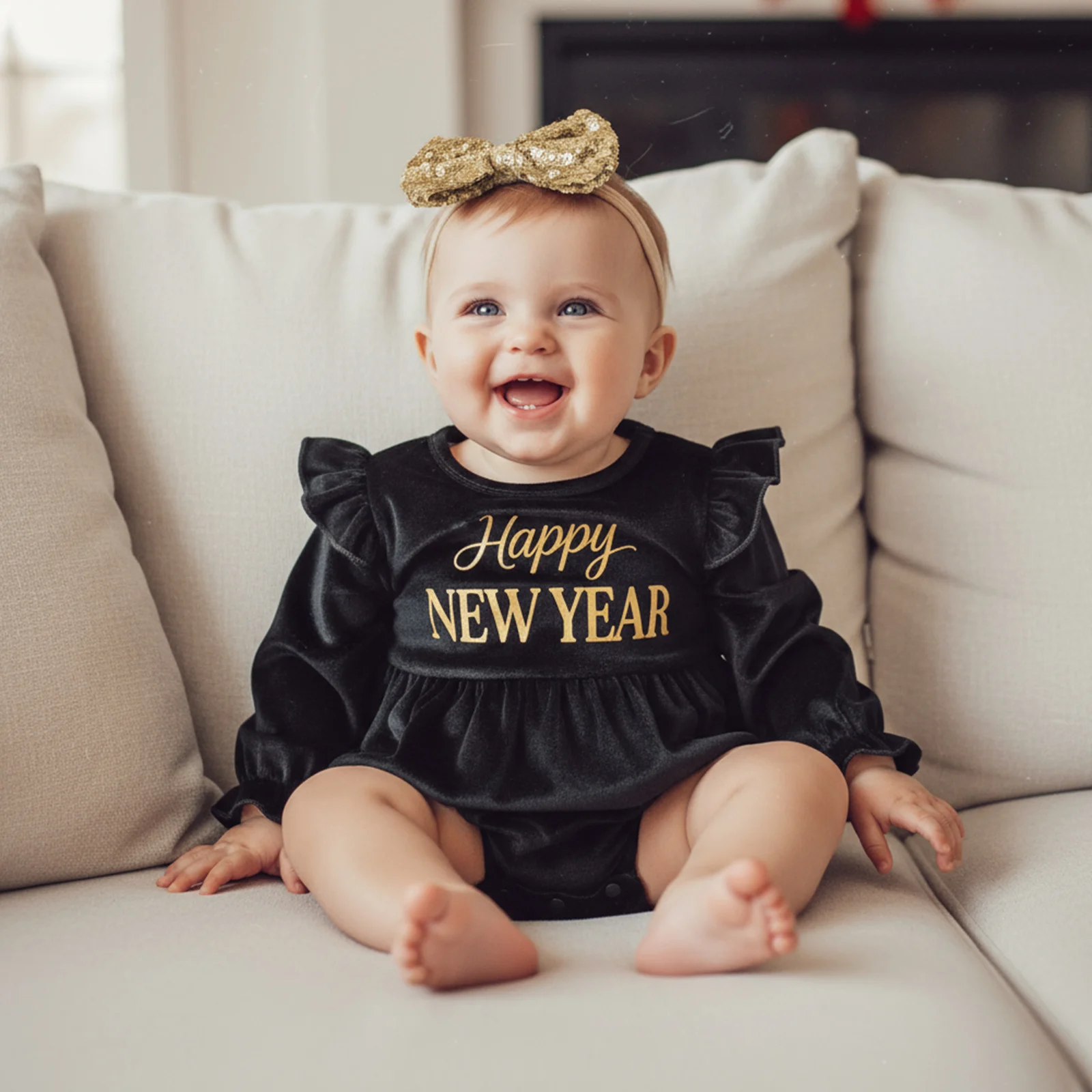 Abbigliamento per bambini Ragazza Capodanno Pagliaccetto Stampa di lettere Manica lunga Velluto Tuta per neonato con fascia per capelli con fiocco in paillettes Vestiti per neonati - immagine 3