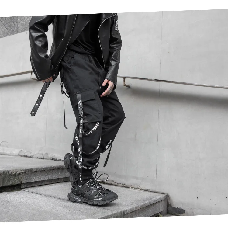 ARENS Black Cargo Pants Men Joggers Cargo Trousers for Men Jogging Japanese Streetwear Hip Hop Hippie Techwear Gothic Ribbon A68 jersey harem pants