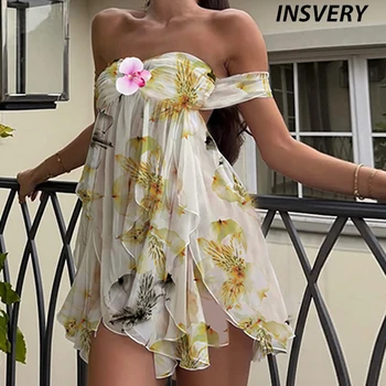 Mini abito elegante con stampa floreale all'americana da donna senza maniche abiti estivi da spiaggia per le vacanze per le donne abito estivo senza schienale con volant