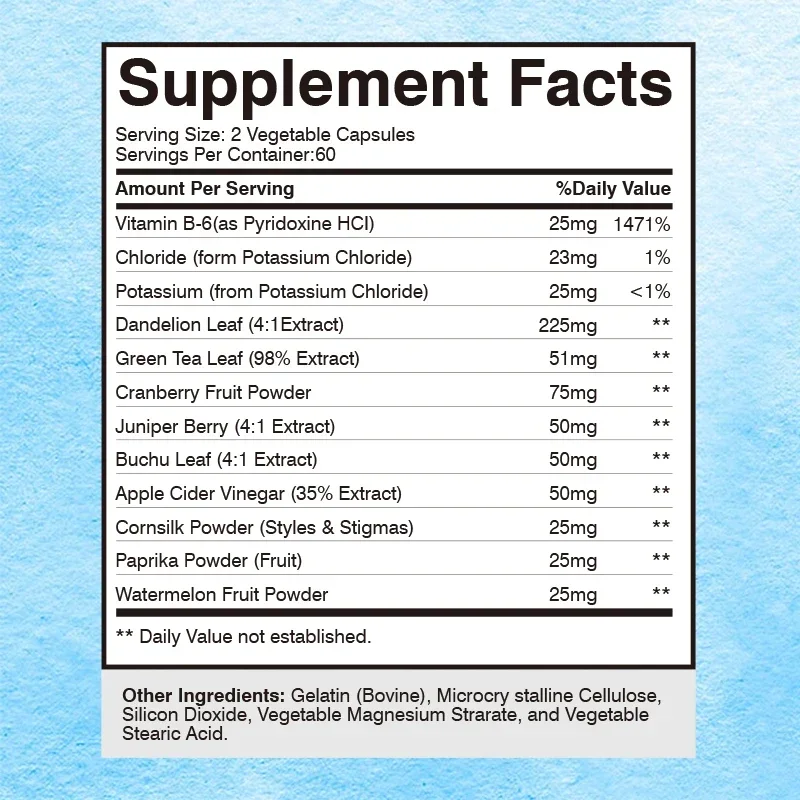 Diuretic Capsules Natural for Water Retention with Vitamin B6 Potassium Dandelion