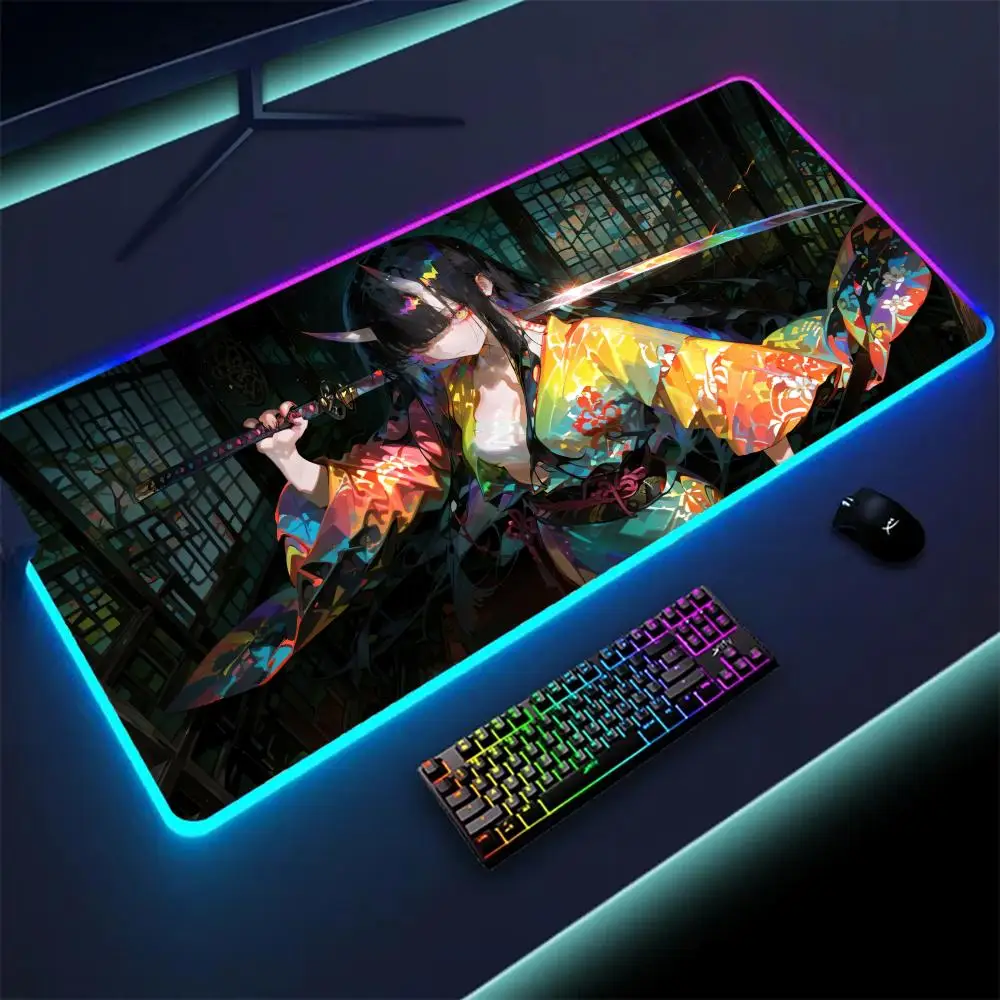 RGB Large Gaming Mouse Pad with LED Backlit - Samurai Anime Girl Design