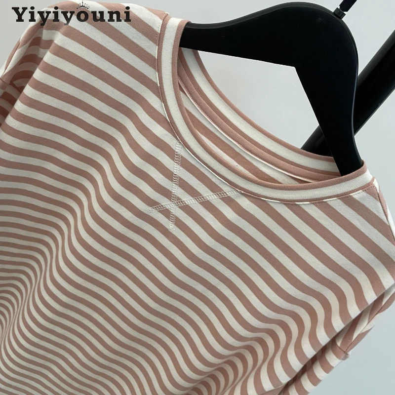 Yiyiyouni Knitted Basic Striped T-Shirts Women Summer Short Sleeve Casual Tops Female Cozy Loose Cotton Tees 2022 Harajuku Shirt tee shirts Tees