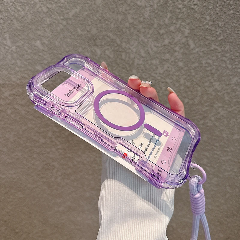Heavy Duty Clear Shockproof Magnetic Phone Case with Magsafe Charging and Lanyard Attachment