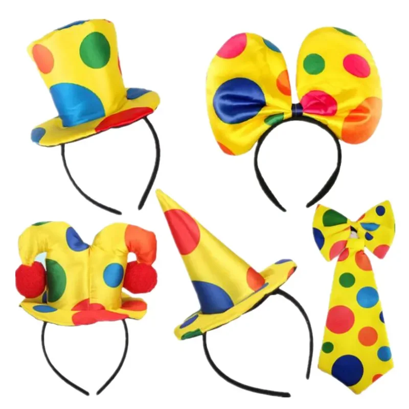 Men Women Boy Girl Polka Dots Clown Headband Circus Hat Hairband Bow Tie Party Top Cap Gift Costume Halloween Cosplay Festival