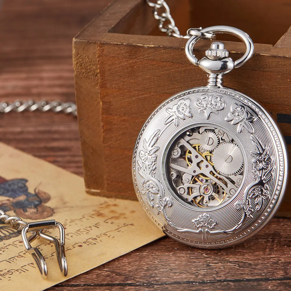 Vintage Bronze Crane Deer Carving Design Mechanical Pocket Watch FOB Waist Chain Hollow Steampunk Skeleton Hand Wind Mens Clock
