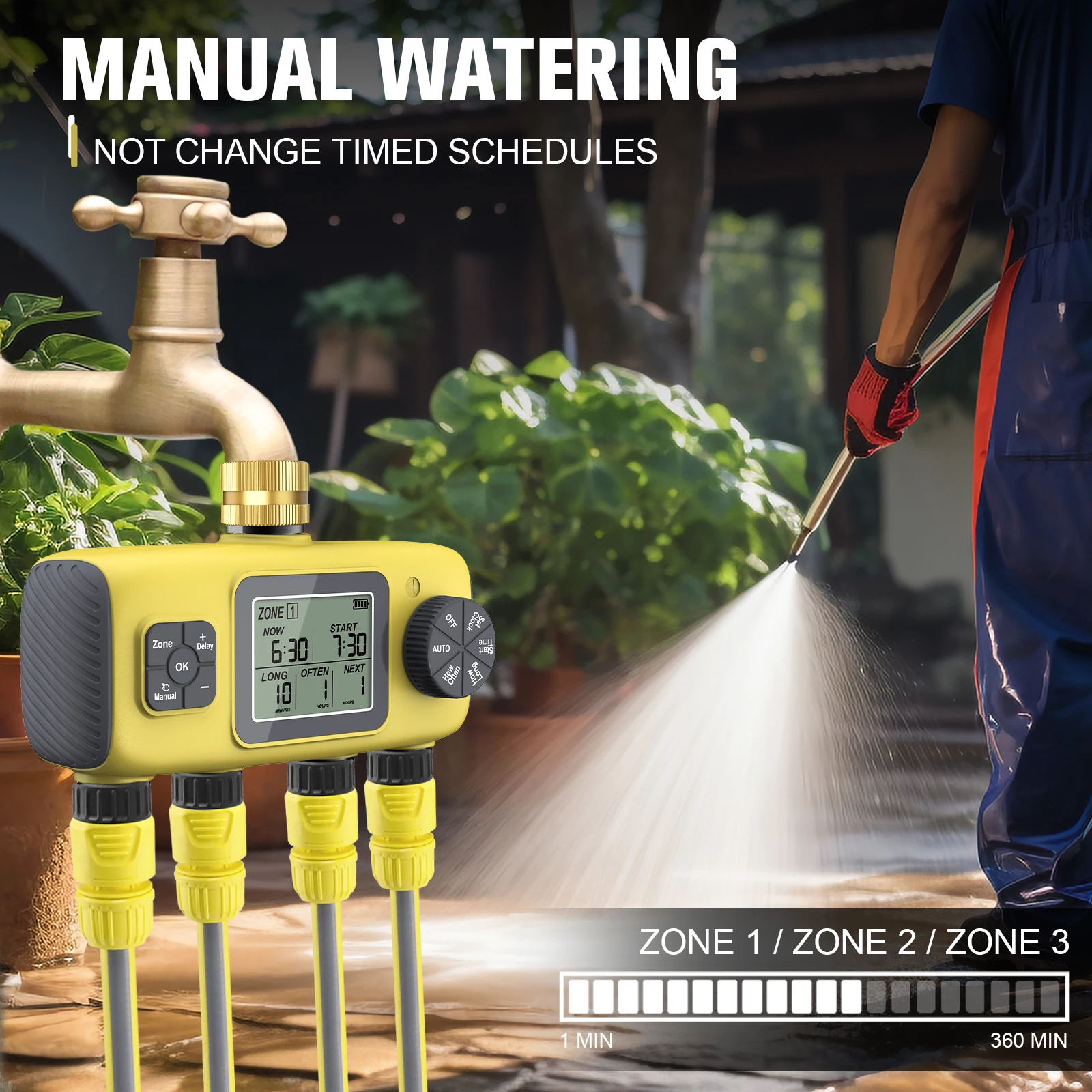 Water Timer for Garden Hose 4 Zone/3 Zone Rain Delay Irrigation Controller Progr