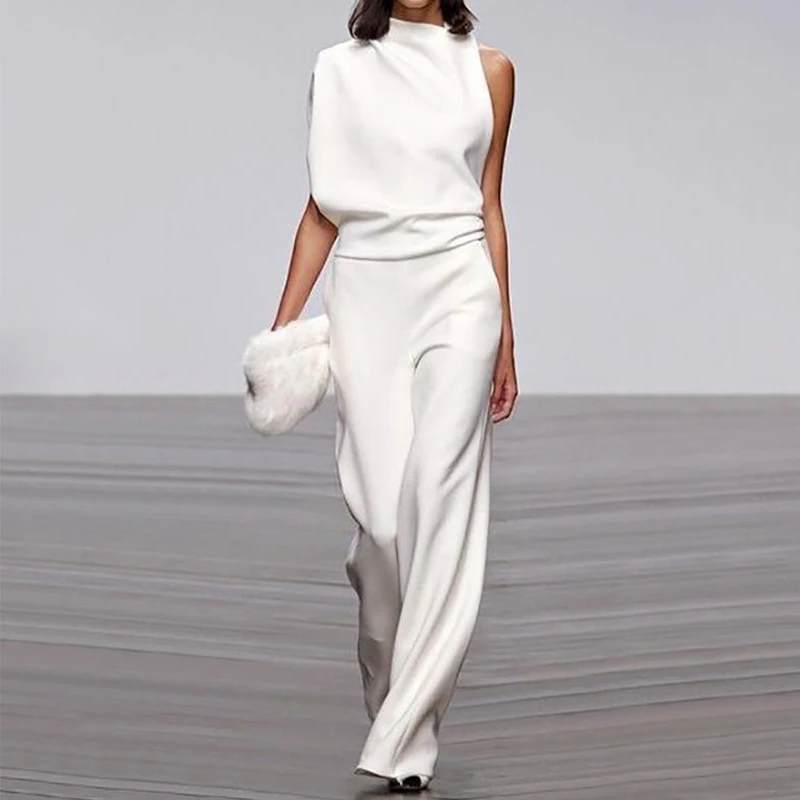 

Summer Sleeveless Stacked Neck Jumpsuits Solid Color One Shoulder Women's Pants Lady Bodysuit Clothes Streetwear Trousers