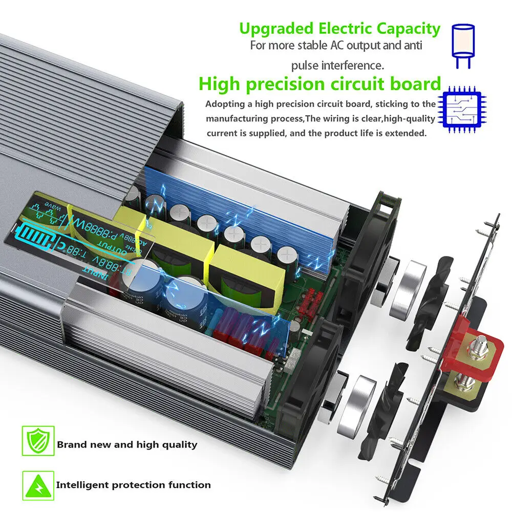 8000 W Solar-Wechselrichter DC 12 V/24 V zu AC 230 V reiner Sinus-Wechselrichter-Konverter mit RC und Dual-USB-Autolade-Wechselrichter – Detail 6