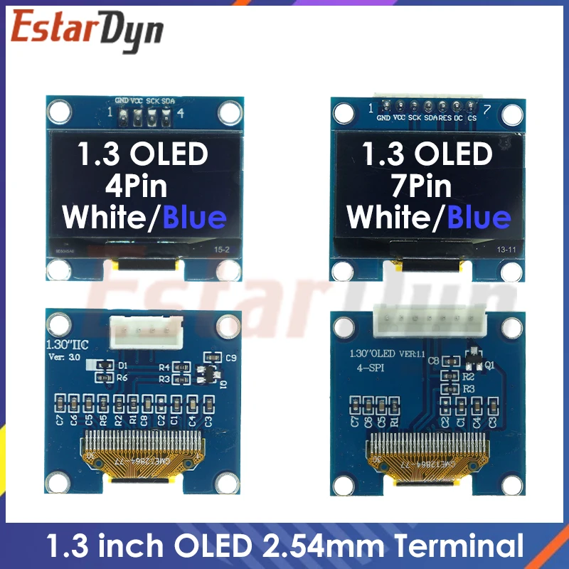 

Модуль 1,3 дюйма OLED RoHS, соединительные клеммы 2,54 мм, SPI/IIC I2C, коммуникация белого/синего цвета, 1,3x64, дюйма OLED