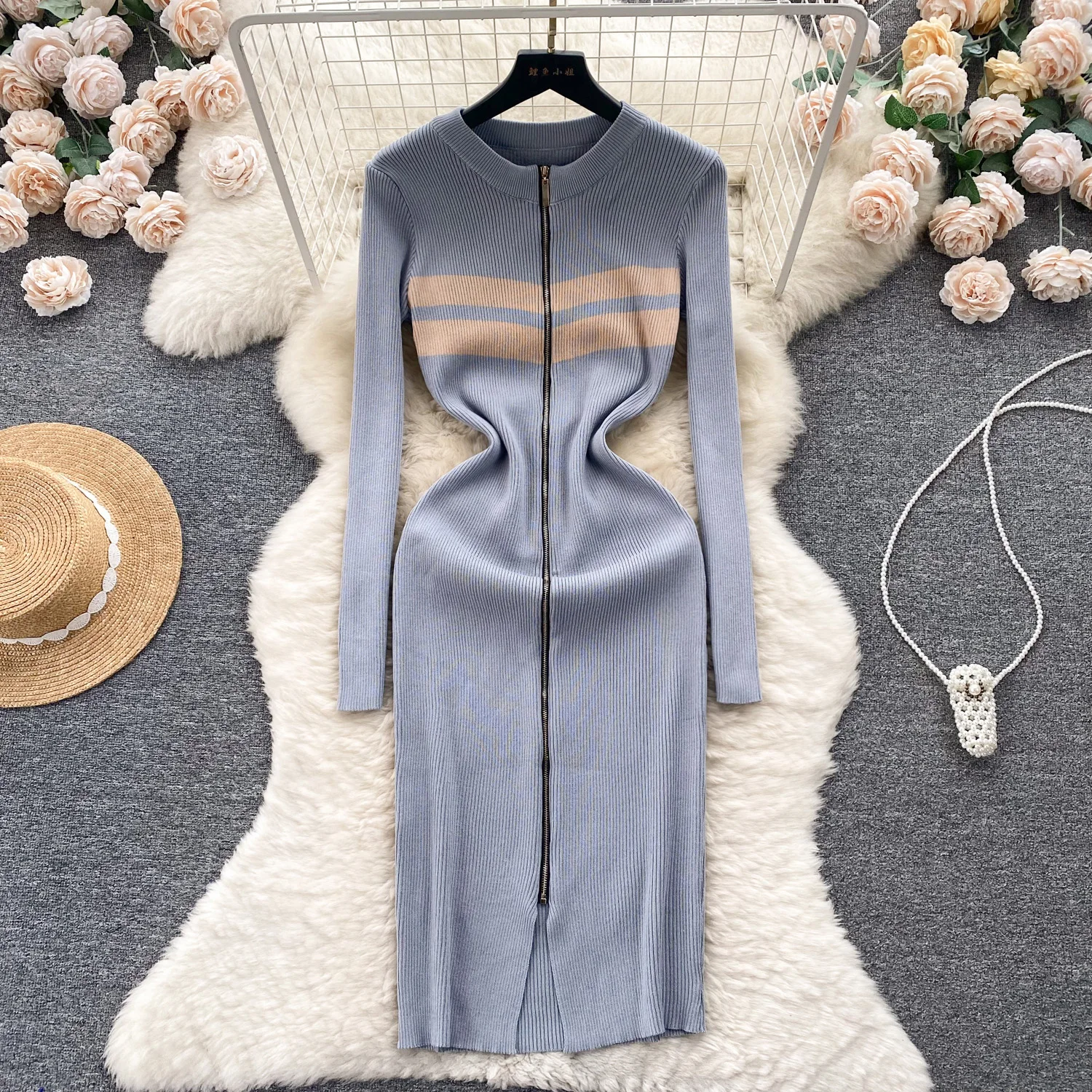 

Women Elegant O Neck Long Sleeve Zipper Bodycon Split Dress Sexy Fashion Knit Vestidos Elastic Slim Hip Wrap Sweater Dress