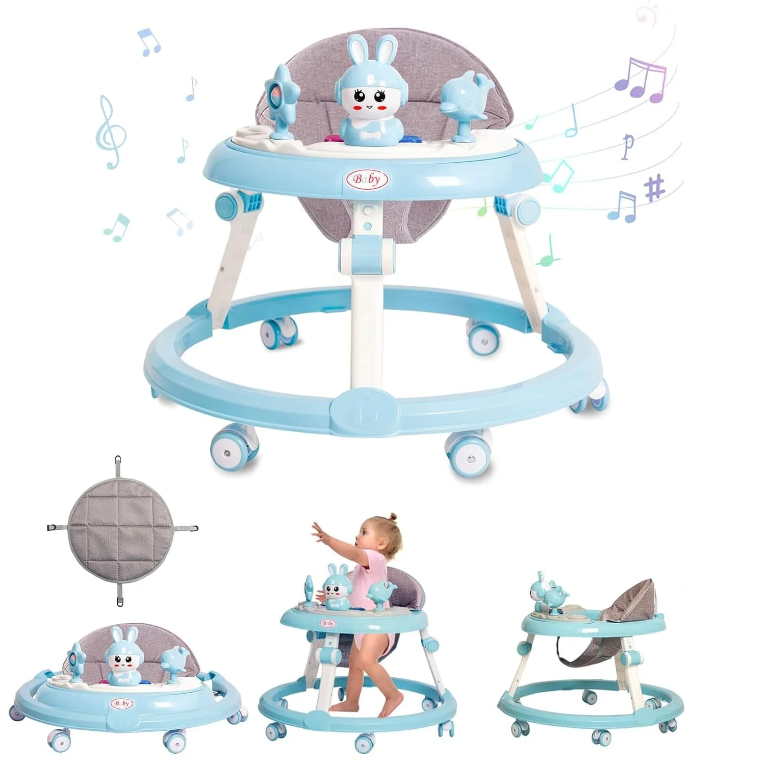 Baby Walker Musical Foldable Anti-Roll 6-Wheel Round Chassis 6-Speed Height Adjustment with Toy