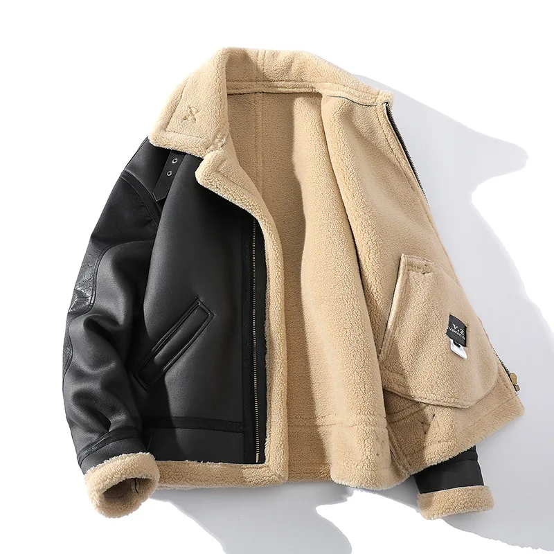 

MEN's oversized winter faux leather plush coat with warm thick fur integrated lapel, fashionable patchwork jacket