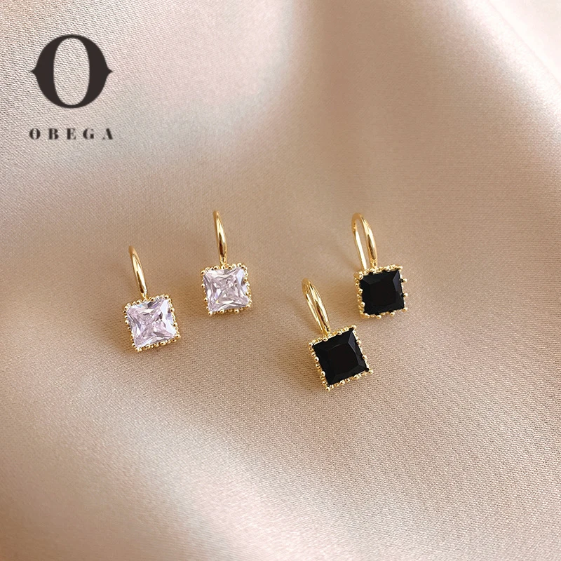Square Crystal earrings Copper Material Gold Plated Clear Black Crystal Stone Fish Hook Earring Women Jewelry Obega