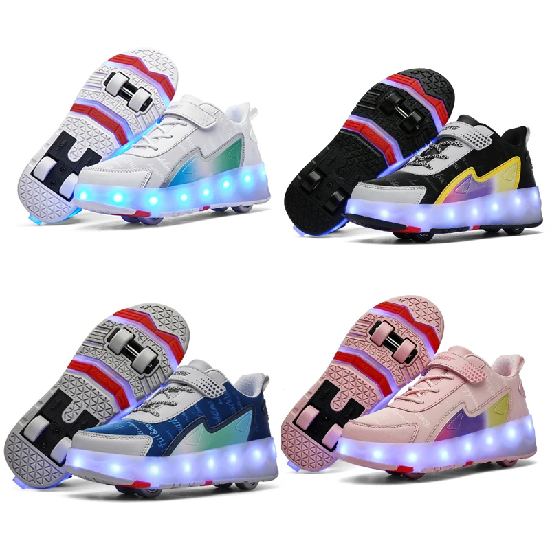 Children Four  Wheels Luminous Glowing Sneakers Black Pink Led Light Roller Skate Shoes Kids Led Shoes Boys Girls USB Charging
