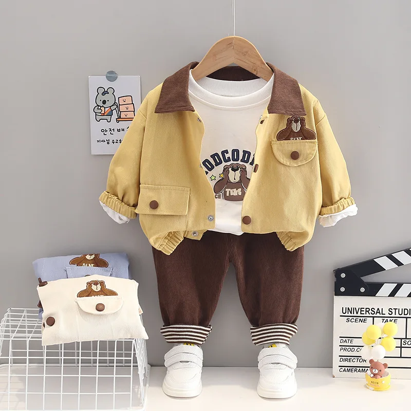 Baby children's suit autumn new cartoon hanging bag round neck T-shirt soft denim three-piece boys' and girls' leisure suit newborn baby clothing set