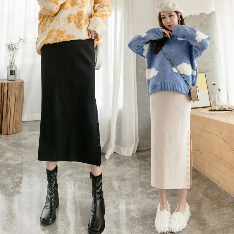 Fashionable Knitted Maternity Skirt Half-length Maternity Dress with Belly Support Winter Autumn Season Open Split Design