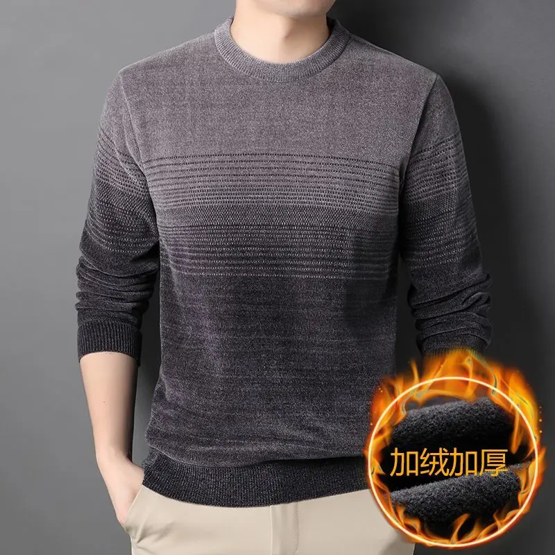 Men's Pullover Round Neck Autumn and Winter Chenille Fashion Patchwork Screw Thread Solid Color Knitted Long Sleeved Sweaters