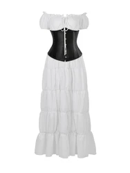 Victorian Dress with Corset Belt  Medieval Renaissance Dress for Women Elegant Long White Dresses with Short Sleeves