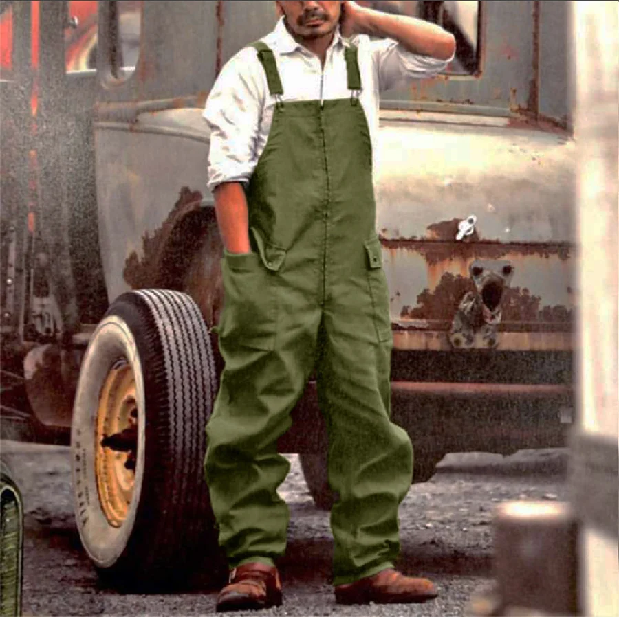 Denim overalls men rompers New men's jumpsuit plus size streetwear solid color overalls pockets loose suspenders baggy work wear cargo pants men