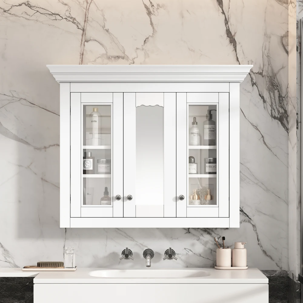 Wood Medicine Cabinet with Mirror Glass Door and Adjustable Shelves