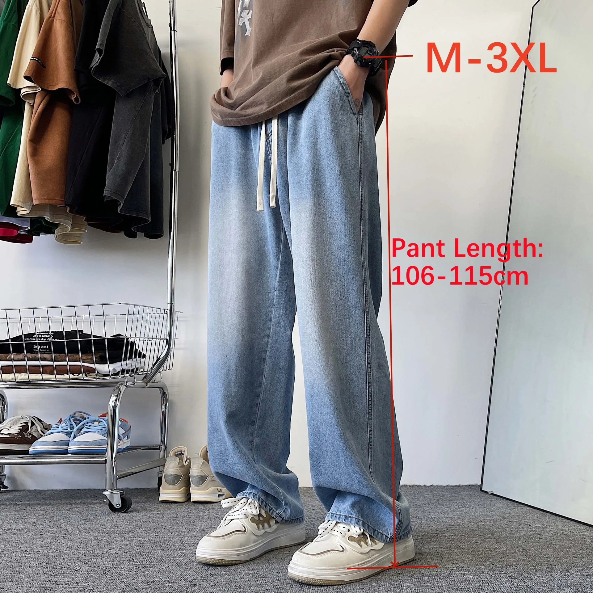 

Extra Long Pants Overlong Lengthen Denim Spring Autumn Loose Mid Waist Straight Tall Men Wide Leg Jeans