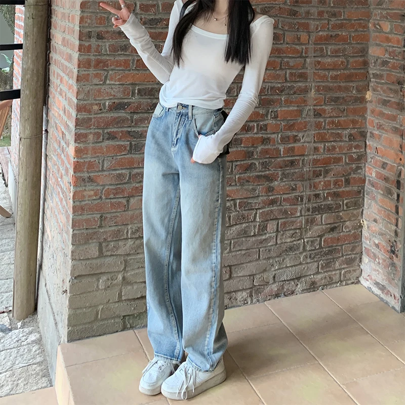 Korean Style High Waist Wide Leg Loose Pants Ladies Y2K Chic Retro Streetwear Straight Jeans Vintage Blue Full Length Trousers