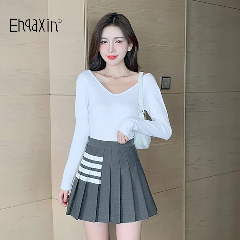 

EHQAXIN Women High Waist Pleated Skirt Summer Casual A-line Stripe Black Versatile Suit Mini Skirts For Girls College Style S-XL