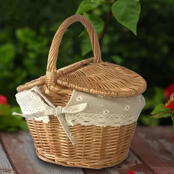 Wicker Basket with Handle Double-Lid Large Camping Picnic Handmade Willow Weaving Storage Hamper Outdoor Fruit Holder Organizer 1