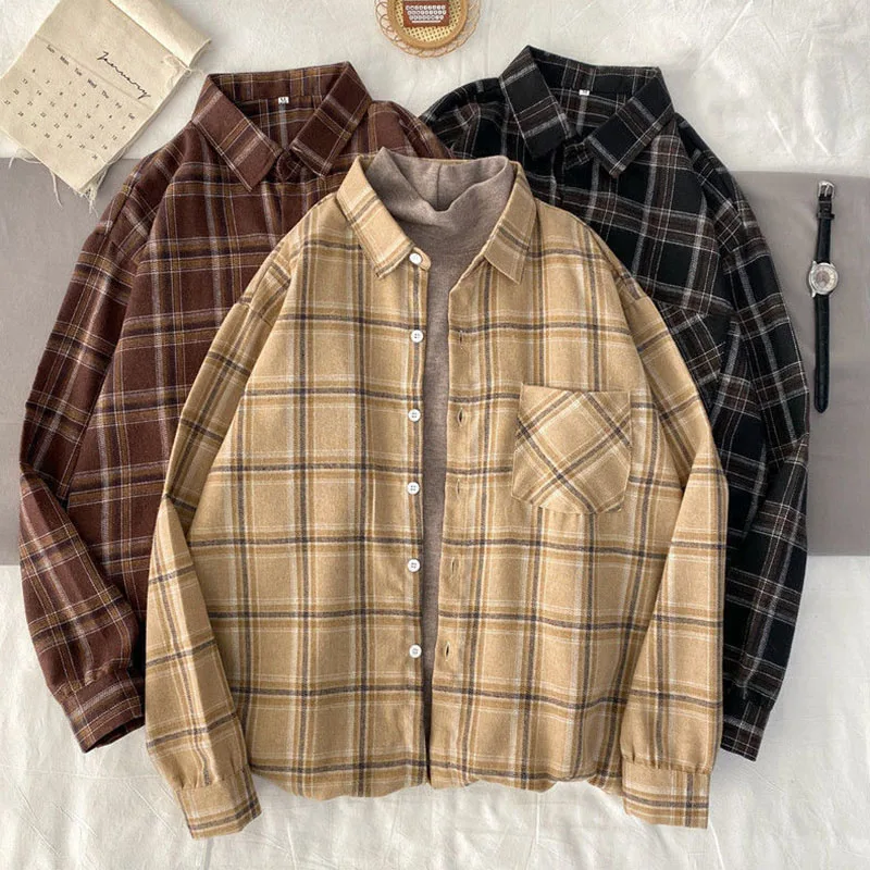 

Zoki Autumn New Women Plaid Shirts Retro Korean Loose Long Sleeves Single Breasted Casual Blouse Harajuku All Match Outwear Tops