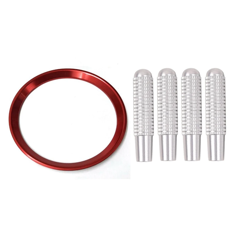 

4Pcs Car Door Door Lock Pin Knob Button Cover & 1 Pcs Red Steering Wheel Center Logo Decoration Cover Ring Trim