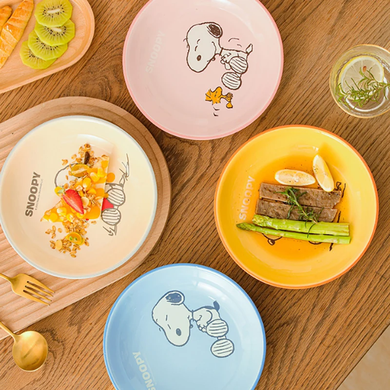 Miniso Snoopy 8 Inches Ceramic Plate Cute Kawaii Fork Spoons Set Cartoon Printing High Temperature Resistance Kitchen Tableware 2
