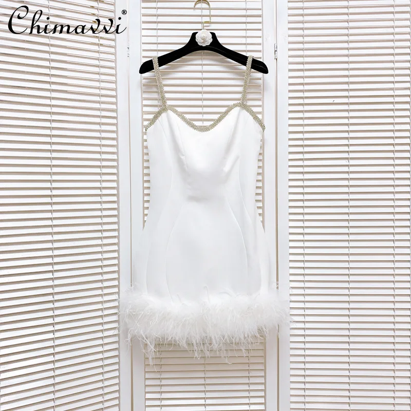 

2024 Spring Summer New Fashion Ostrich Feather Stitching Crystal Trim Camisole Gown Dress Slim Temperament Sexy Sheath Dresses