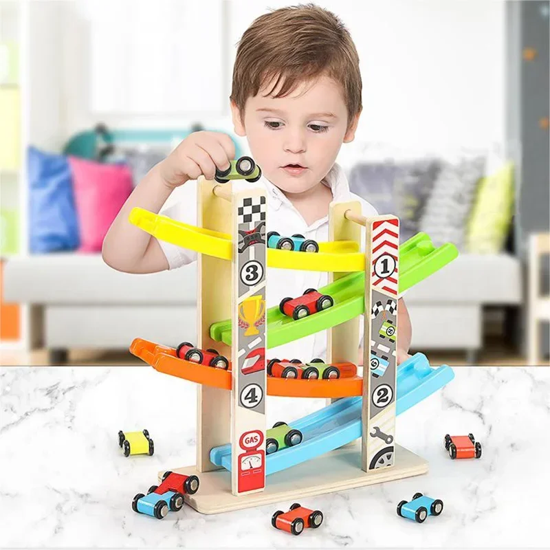 4/7 Track Wooden Ramp Racing Toddler Toy Car Set Montessori Educational Toy Game Mini Inertia Slide Roller Coaster Racing 2