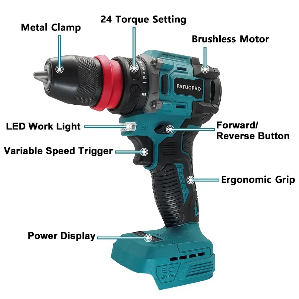 2 In 1 Cordless Electric Drill Screwdriver 24 Torque Setting Rechargeable Driver Home Handheld Power Tool For Makita 18V Battery 2