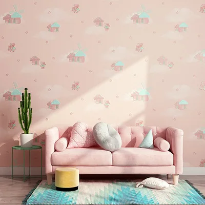 Modern Cartoon House Cloud Non-Woven  Wallpaper Children's Bedroom Decoration Lovely Fresh Environmental Protection Simple Home ins summer baby girls casual hollow out burrs straw hat sun protection cap children lace up bucket hat panama gorras