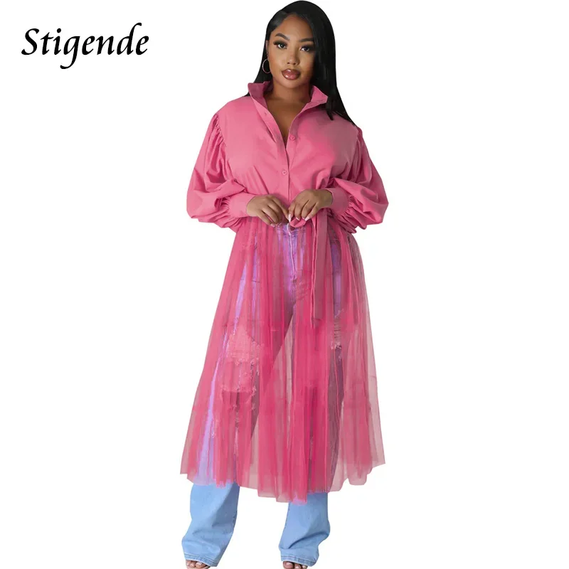 

Stigende High Split Loose Mesh Patchwork Dress Women Button Up Bandage Shirt Dress Fit and Flare Lantern Sleeve Cover Up Dress