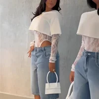 Lace Long Sleeve Crew Neck T-Shirt Women's One-Piece Summer Fashion Streetwear True Two-Piece Comfortable Knitted Polyester