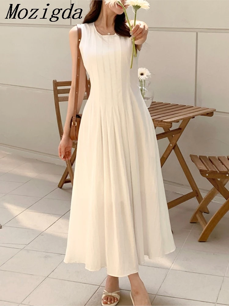 

Summer Sleeveless Vests Dress Women Ruffle Pleated Loose Korean Style Ladies Dresses Fashion Slim High Waist Woman Long Dress