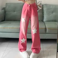 Hip Hop New Pink Jeans Spring Autumn Fashion Casual Wide Leg Pants High Waist Streetwear Loose Straight Star Full Denim Trousers