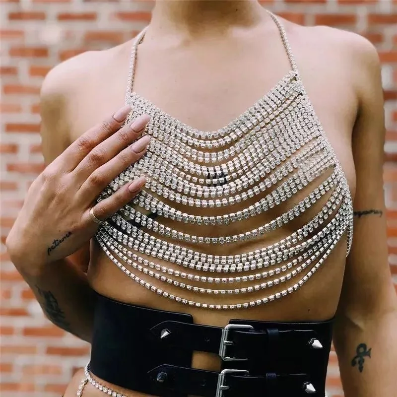 

Exaggerated Luxury Rhinestone Tassel Body Chain Lingerie Sexy Shiny Hollow Halter Top Bikini Bra Skirt Set Party Dress Jewelry