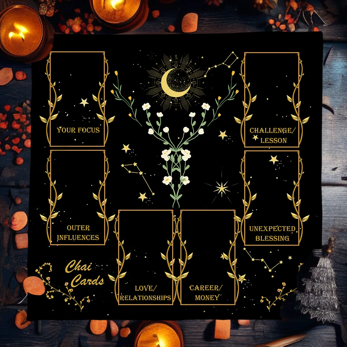 Golden Celtic Cross Tarot Table Cloth Altar Cloth Moon Starry Sky Vibrant Floral Divination Tablecloth For Tarot Mat Witchy Home