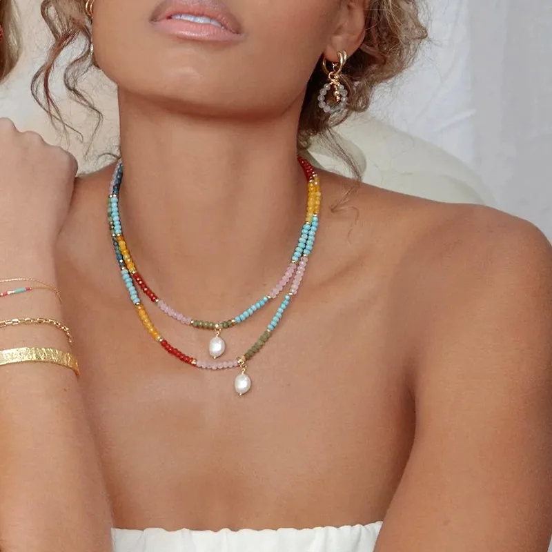 

New Design Fashion Candy Color Crystal Beads Choker Minimalist Gold Plated Stainless Steel Chain Pear Charm Necklaces For Summer