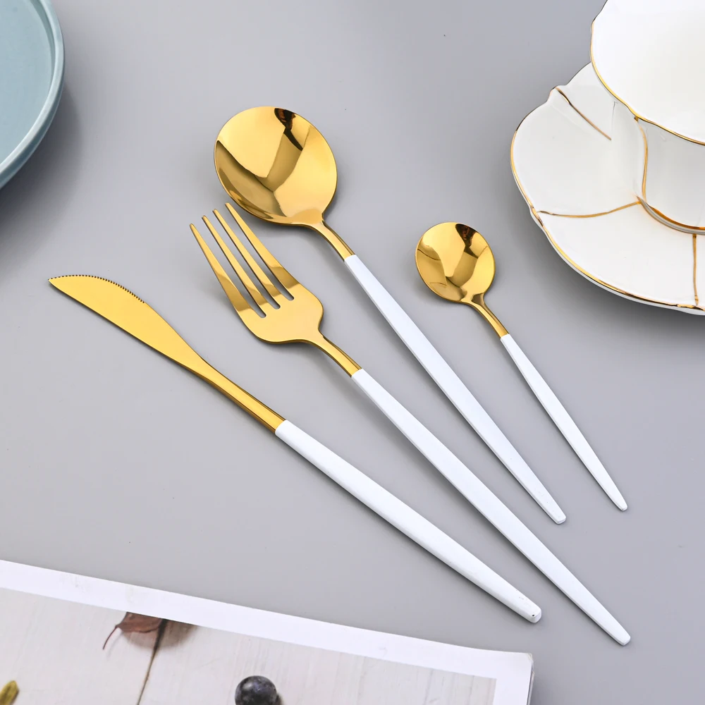 

24Pcs Cutlery Set Stainless Steel Tableware Mirror Knife Fork Tea Spoon White Gold Dinnerware Set Flatware Set Party Silverware