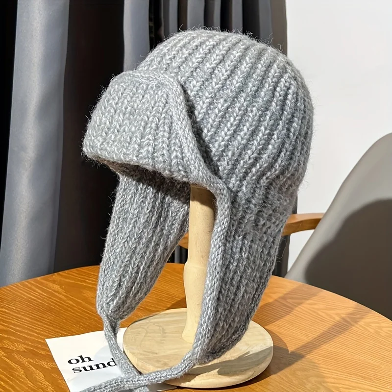 Solid color warm ear protection knitted hat for children in autumn and winter with tied wool hat, fashionable thickened hat 6